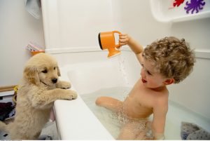 700-036683© Mark TomaltyModel ReleaseBoy in Bathtub with Dog